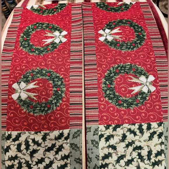 PRELOVED TWO CHRISTMAS HOLIDAY SEASON NEEDLEPOINT TABLE RUNNERS WITH FULLY LINED - Picture 1 of 17